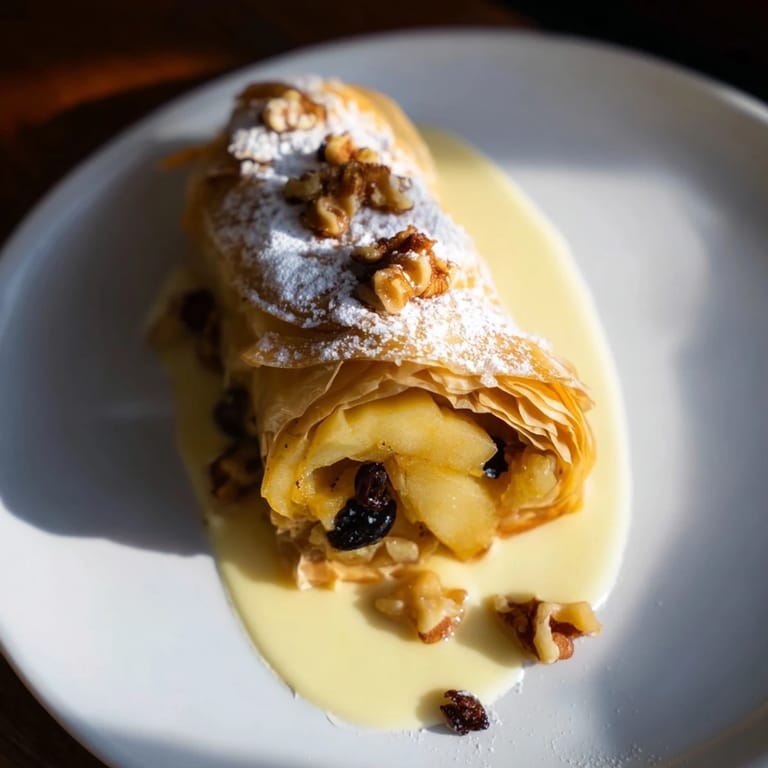Warm Apple Strudel, a comforting dessert with a light dusting of powdered sugar.