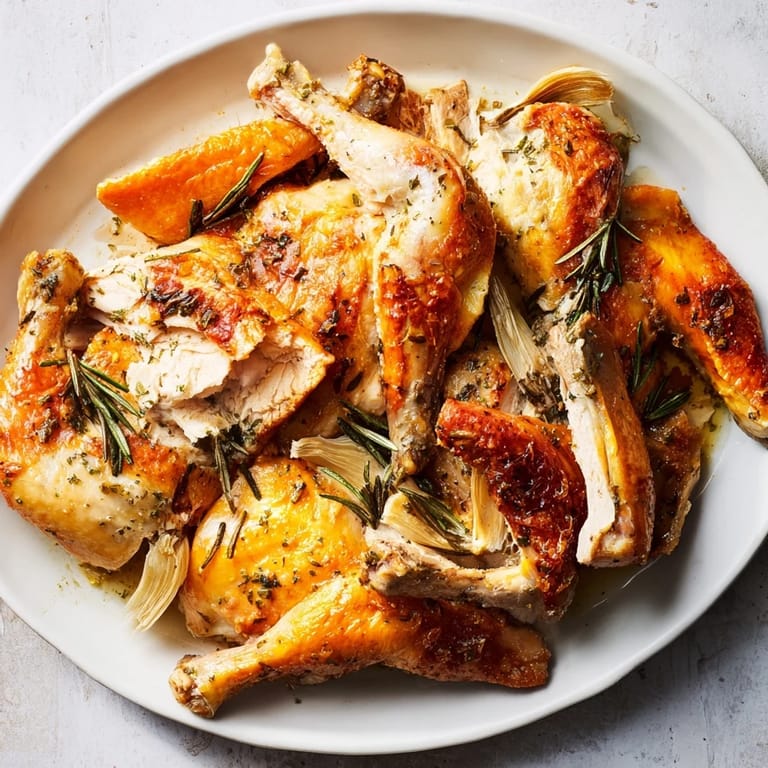 Juicy Roast Chicken with Rosemary and Garlic resting, fragrantly herbal with lemon and rosemary inside.
