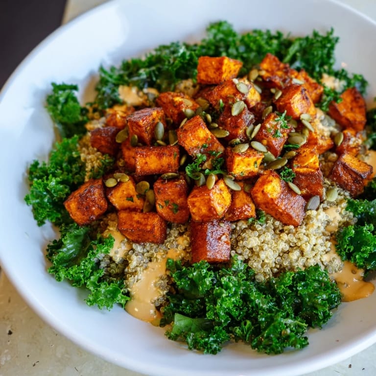 A colorful Light Coastal Bowl, with tender vegetables, quinoa, and a creamy lemon-tahini dressing to drizzle.