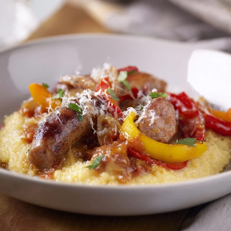 Vibrant image of Herb-Cozy Skillet Sausage and Peppers, the sausage and veggies glistening with herb-infused sauce on polenta.