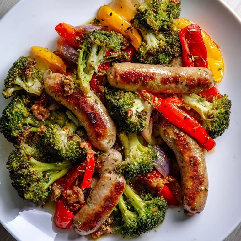 Delicious Simple Rustic Sheet-Pan Sausage, Broccoli and Bell Peppers; a colorful, easy weeknight dinner.