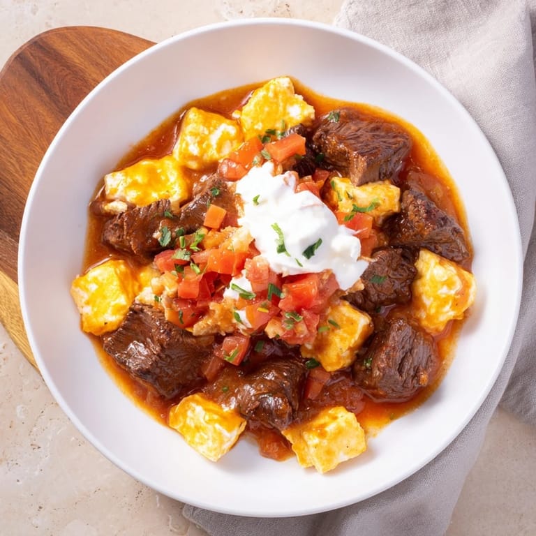 Close-up of Hungarian Goulash over egg noodles, a rustic meal with a vibrant paprika aroma.