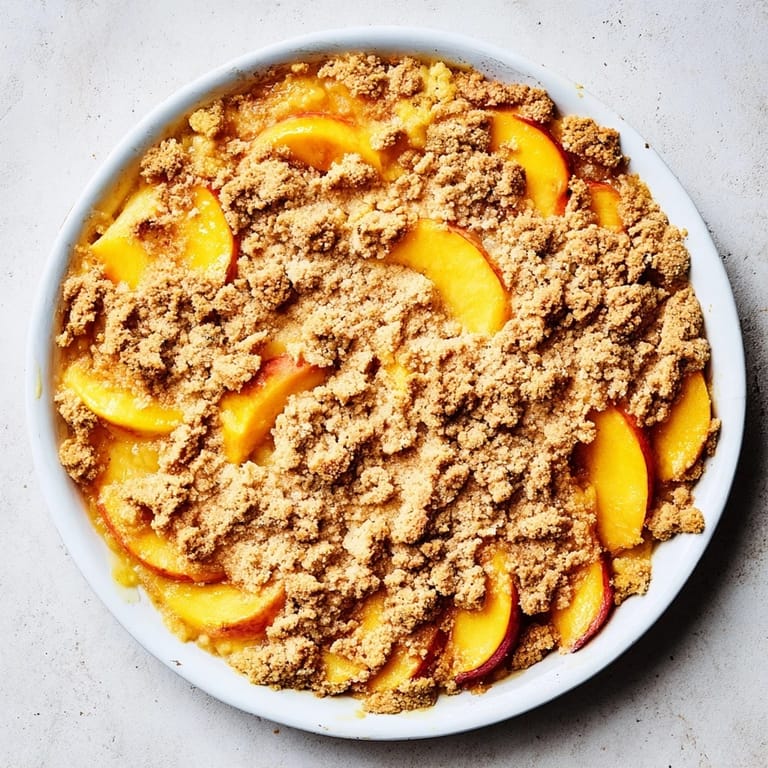 A close-up of a rustic Peach and Ginger Crumble, perfect for serving with vanilla ice cream.
