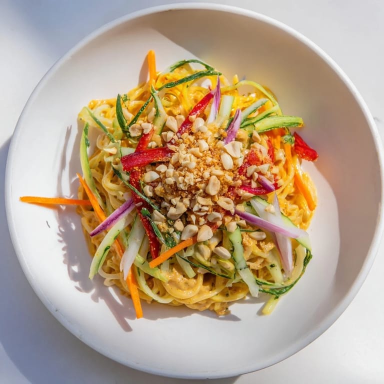Savory Spicy Peanut Noodle Salad bowl—a delicious mix of noodles, peanuts, perfect for dinner.