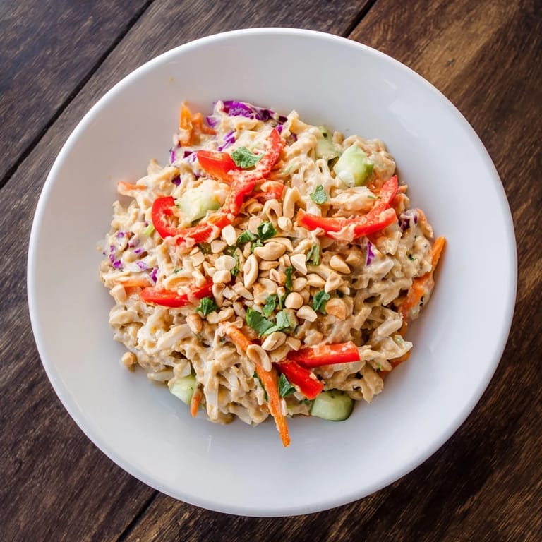 A close-up of a Spicy Peanut Noodle Salad, showing fresh cilantro and sesame seeds on top.