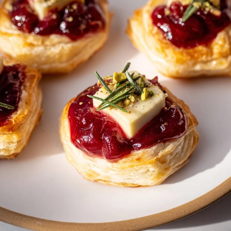 Close view of the baked Mini Cranberry Brie Tart Wreath, a beautiful appetizer perfect for the holidays.