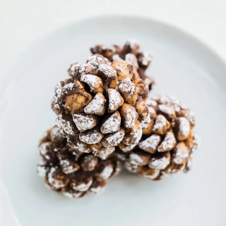 Homemade pinecone-shaped nut butter snacks, dusted with powdered sugar, look festive and delicious for the holidays.