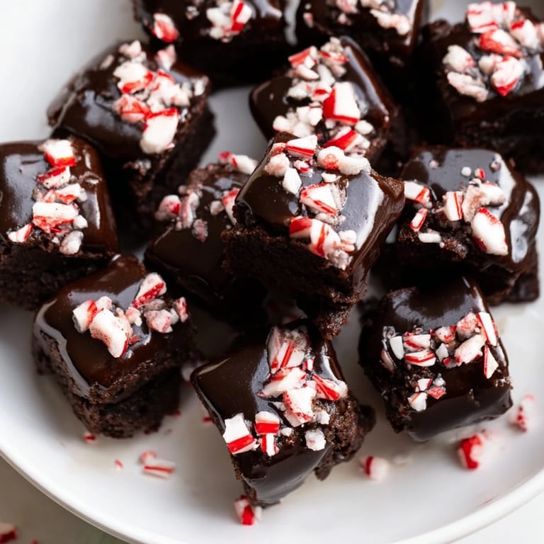 Close-up of decadent Peppermint Mocha Brownie Bites, perfect for a holiday dessert table, rich and chocolatey.