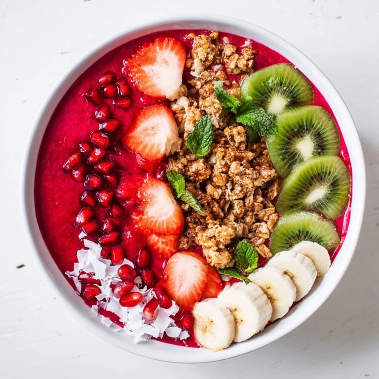 Freshly made Festive Red and Green Smoothie Bowls, perfect for a healthy and colorful breakfast or brunch.