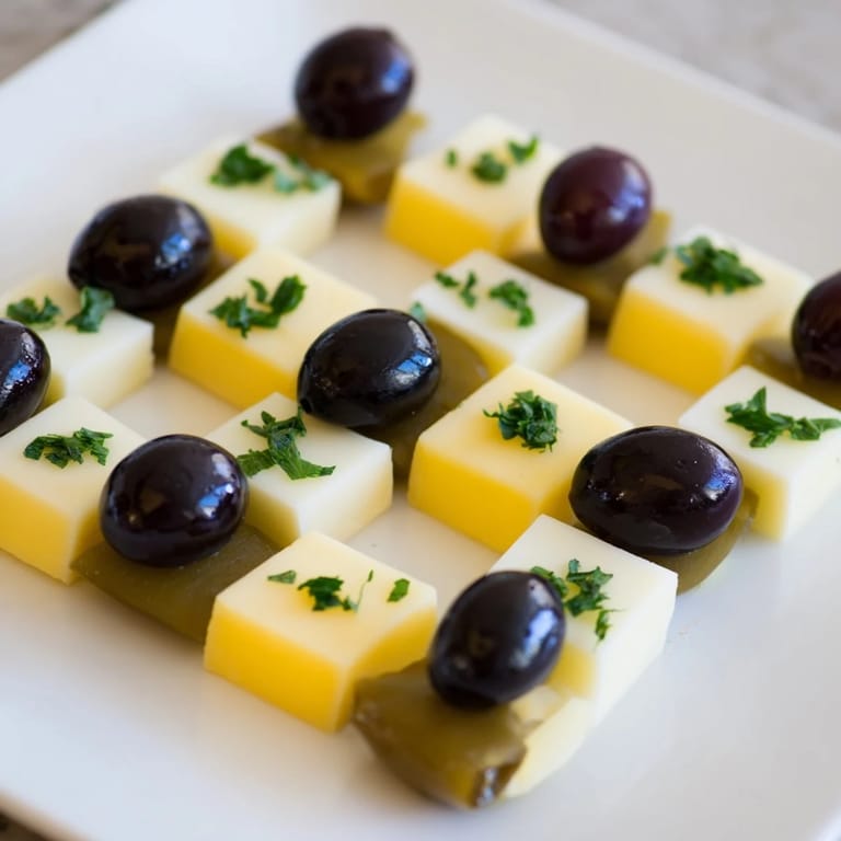 Vibrant square cheese and olive chessboard arrangement offers a unique snack for friends and family.