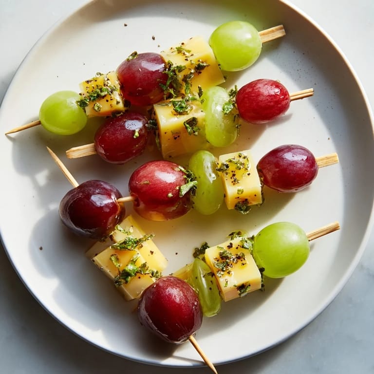 Fresh Sparkling Grape and Cheese Skewers arranged on a platter; pairing sharp cheese with sweet grapes, perfect party food.