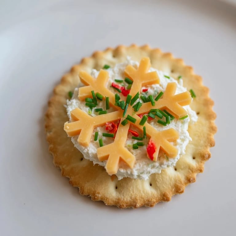 Creamy cheese snowflakes delicately arranged on crackers make these festive savory bites an elegant snack.