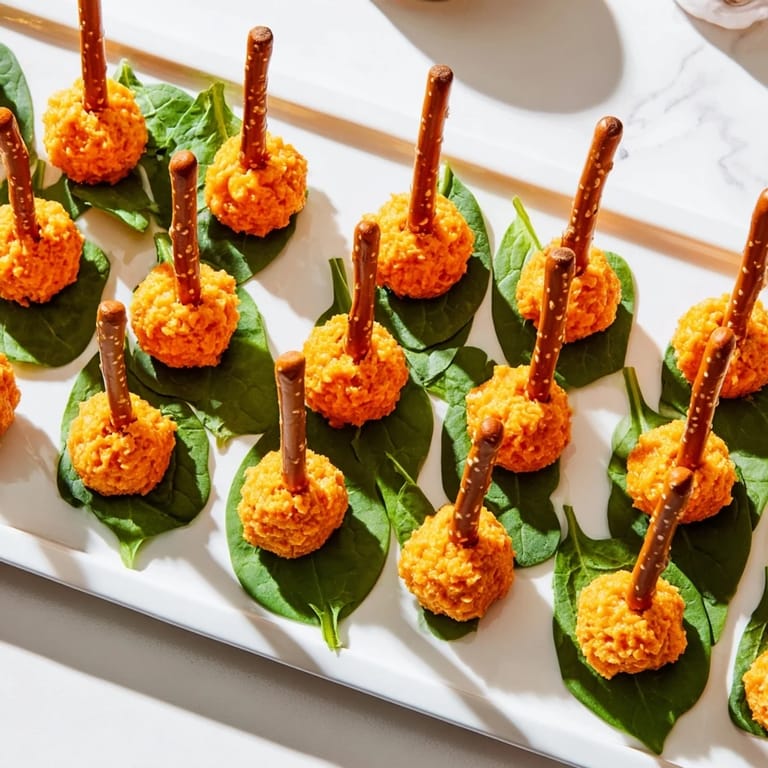 A close-up of the adorable Pumpkin Patch grid, with pretzel stems and optional parsley leaves.