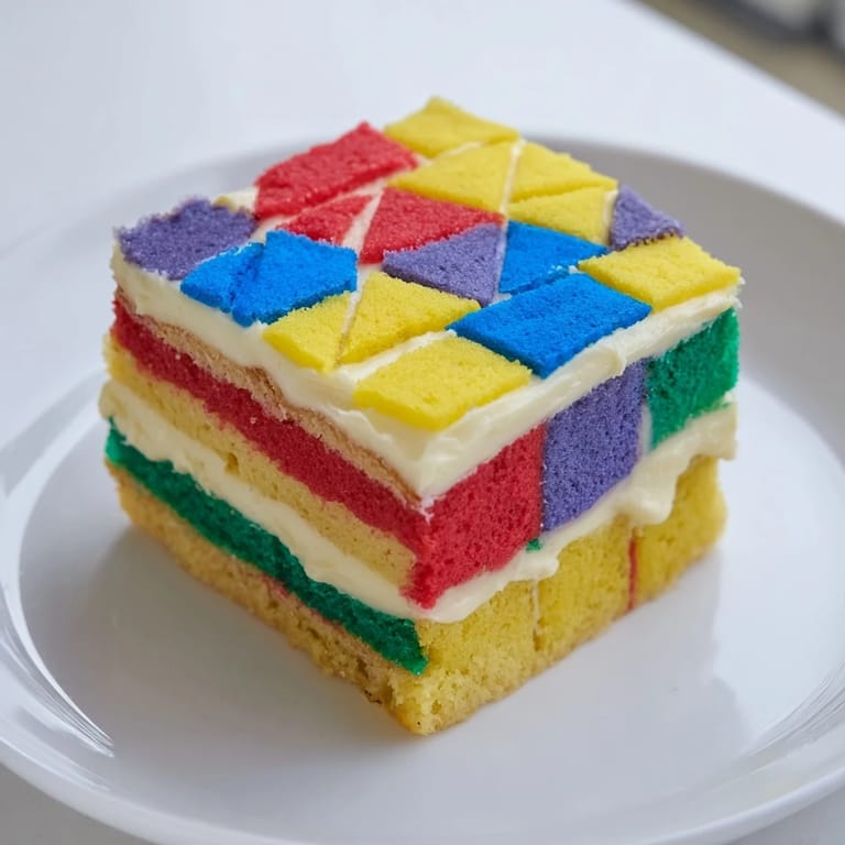 This visually stunning Cozy Quilt Patchwork Cake features artfully arranged colorful sponge creating a delicious dessert.