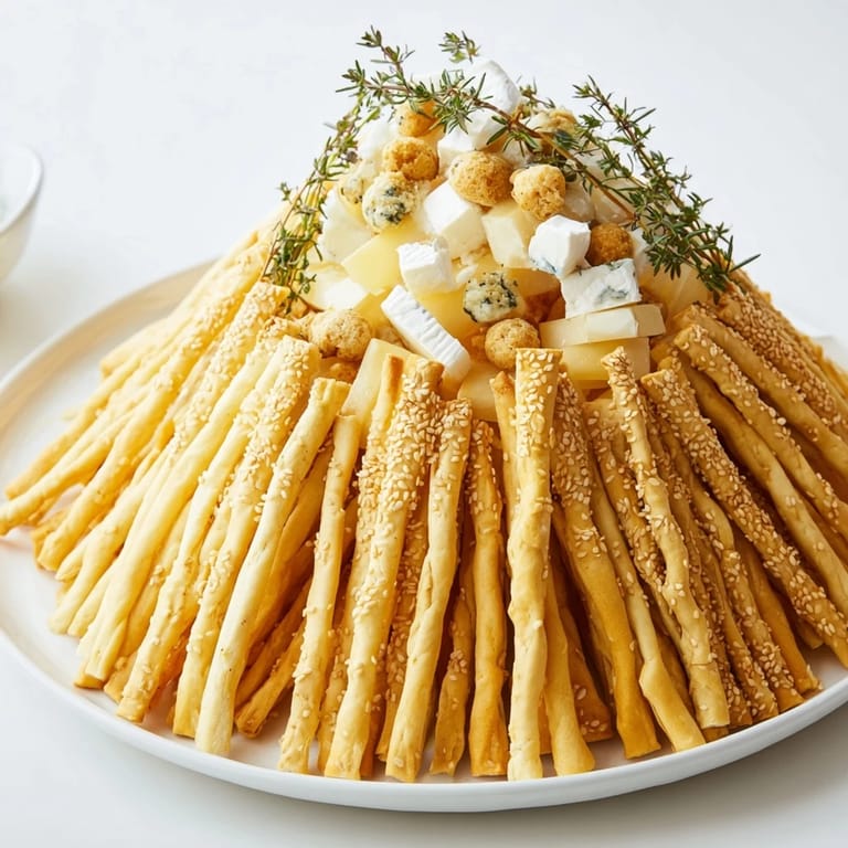 Golden, crispy breadsticks form a delightful The Gilded Cage, showcasing an array of gourmet cheeses.