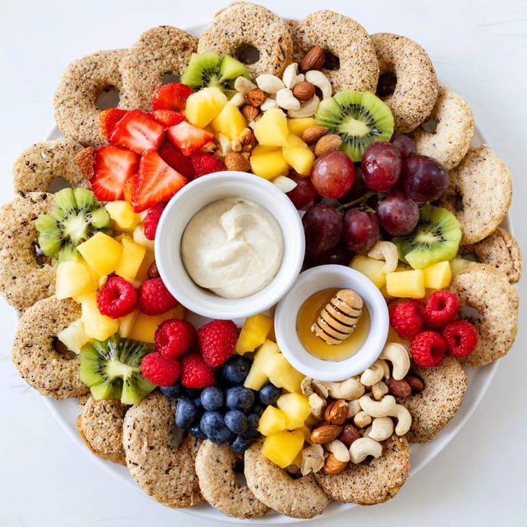 The Hidden Oasis appetizer: A colorful arrangement of fruits with a delightful cracker and nut border.