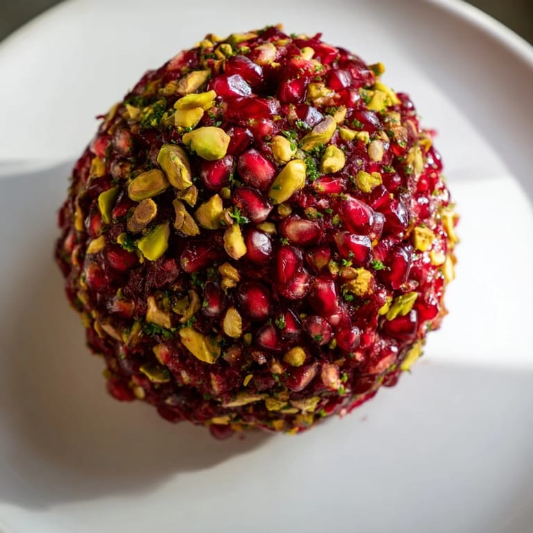 Jeweled The Royal Orb cheese ball coated in pistachios, perfect party appetizer, offering salty crunch.