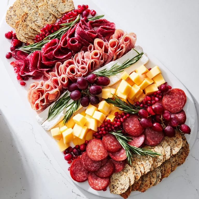 Elegant presentation of a Crimson Crest: a charcuterie board with vibrant red meats, cheeses, and garnishes.