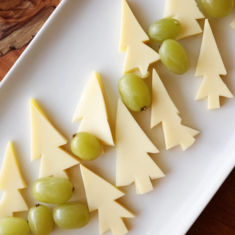 This The Tannenbaum Border displays triangular cheese and green grapes arranged in a beautiful holiday style.