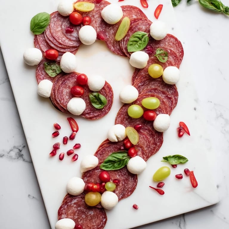 This holiday Candy Cane Zigzag appetizer board showcases salami, mozzarella, and juicy tomatoes and grapes.