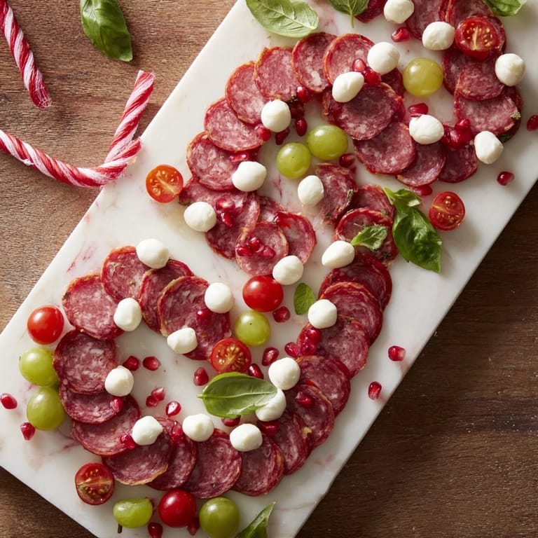 A beautiful holiday photo of a Candy Cane Zigzag charcuterie board with goat cheese, crackers, and mustard.