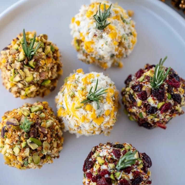Vibrant cheese ball Holiday Ornament Clusters, each coated and ready to savor this appetizer.