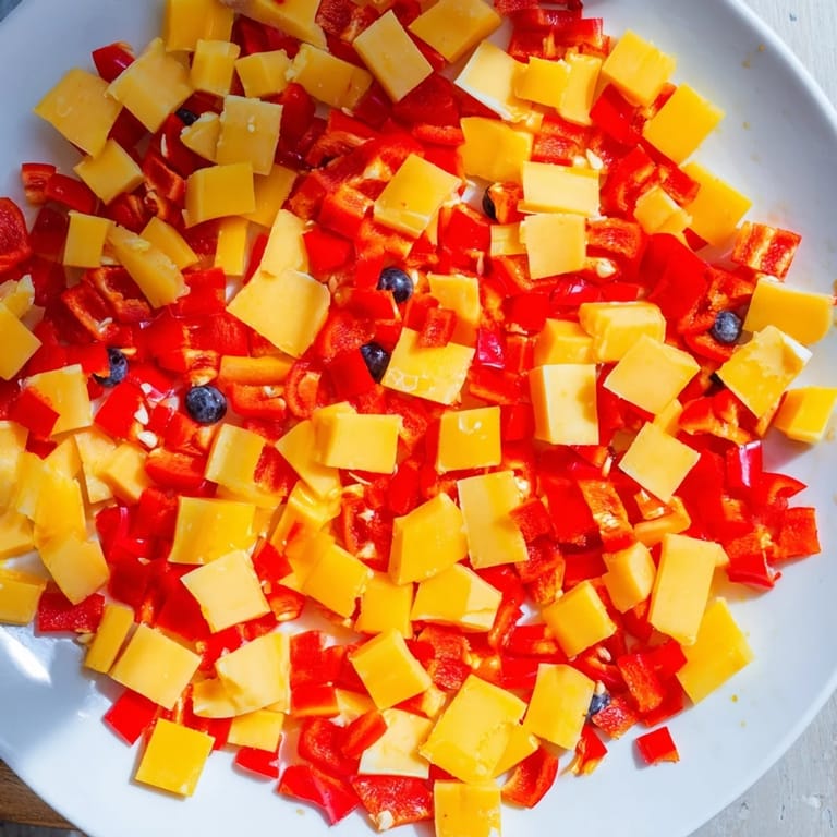 Geometric presentation: red bell pepper, yellow cheese blocks, and grapes make this Bauhaus Block vibrant.