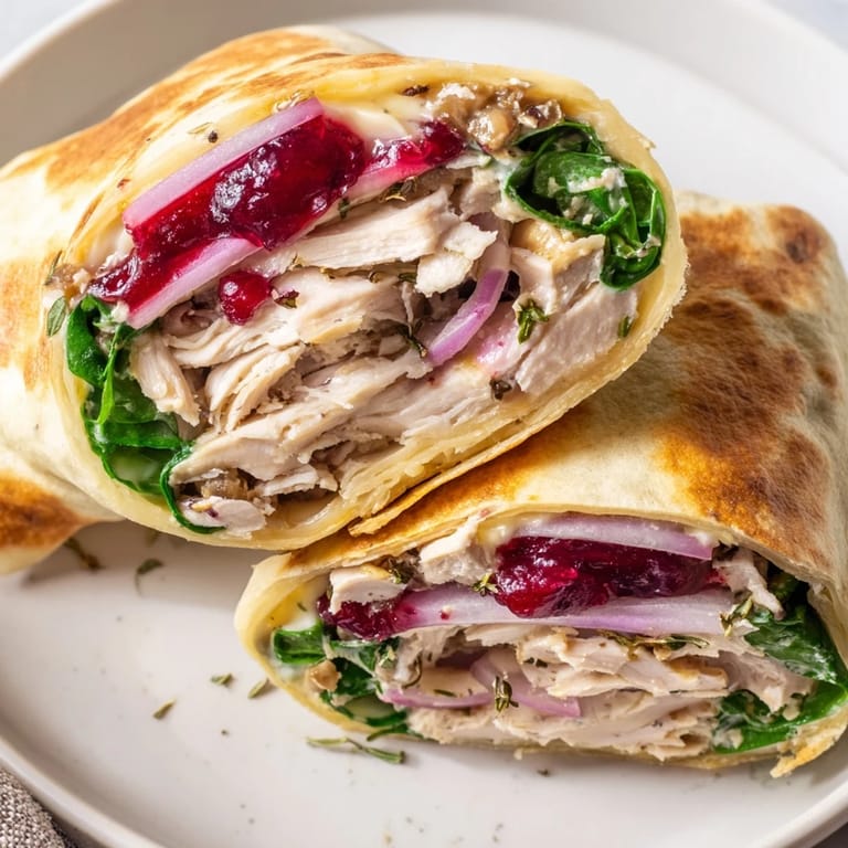 Close-up of a delicious Chicken and Brie Holiday Wrap, showcasing layers of chicken, brie, and greens.