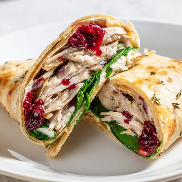 Warm, savory Chicken and Brie Holiday Wrap, perfect for a cozy holiday lunch with cranberry sauce.