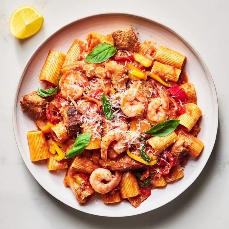 A steaming bowl of One-Pot Diavola Pasta with Shrimp, garnished with fresh basil and Parmesan, is ready to be enjoyed.