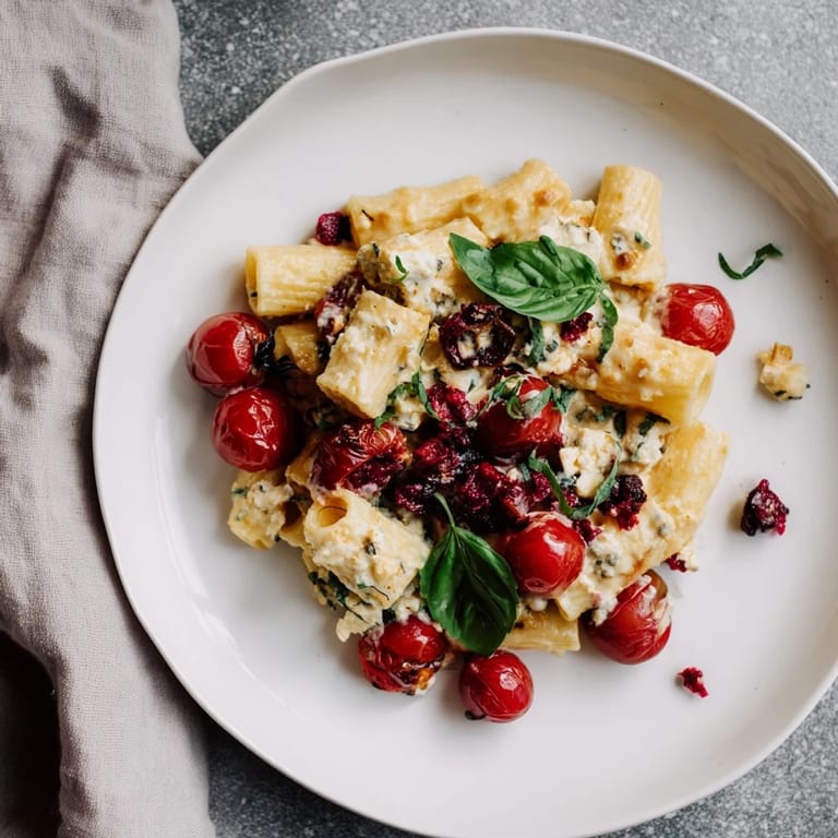 Tender pasta tossed in a creamy feta sauce, studded with cranberries, from this easy recipe.