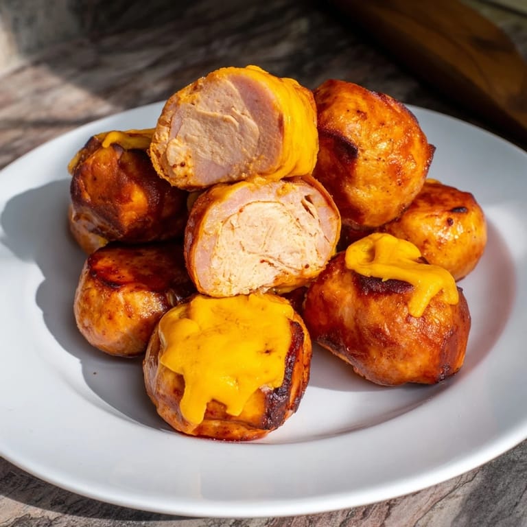 Cheesy, bite-sized chicken and sausage Bisquick balls, fresh from the oven, offering a delightful aroma.