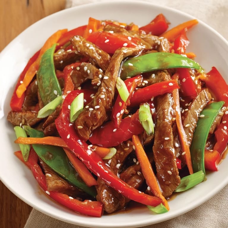 Vibrant sweet teriyaki pork stir-fry served atop rice, showcasing the glistening sauce and fresh green onions.
