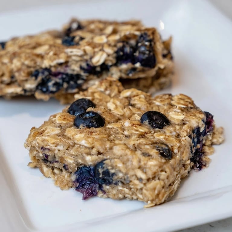 Freshly baked Blueberry Banana Oatmeal Protein Bars; perfect for a quick and nutritious morning treat with a protein boost.