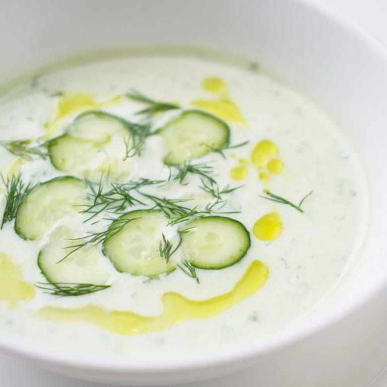 Creamy, cold Chilled Cucumber Garlic Soup, a perfect summer starter with a swirl of olive oil.