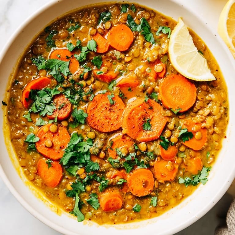 Hearty bowl of spiced carrot lentil soup, perfect for a cozy autumn or winter meal, ready to enjoy.