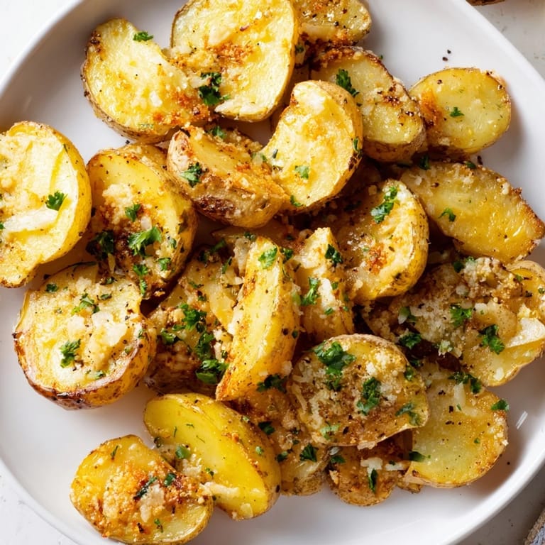 Ultra-crispy Garlic Parmesan Potatoes, golden-brown and delicious, baked to perfection for a flavorful snack.