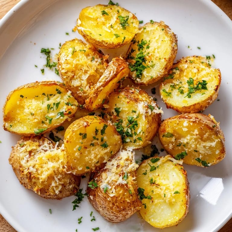 Close-up of baked Garlic Parmesan Potatoes, boasting a crispy exterior and cheesy, garlic flavors.