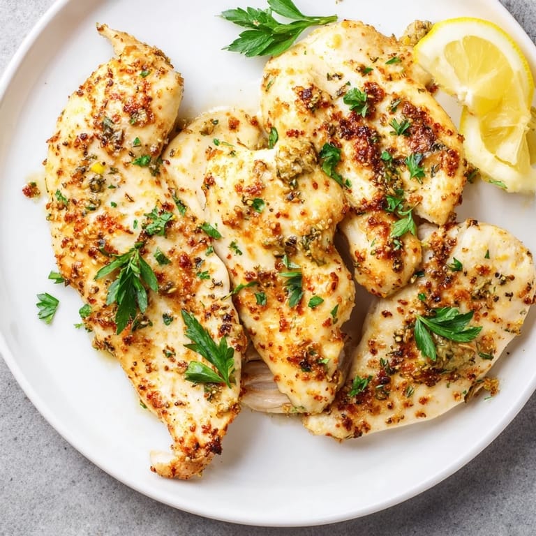 Juicy Greek yogurt chicken, marinated in flavorful herbs, ready to serve on a plate.