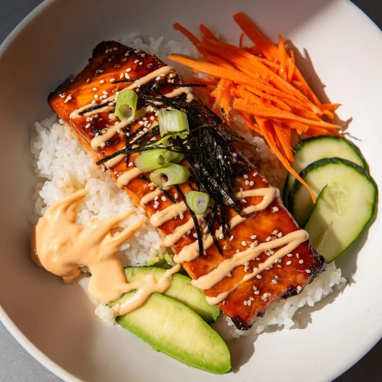 This flavorful teriyaki salmon rice bowl features glistening salmon, a drizzle of mayo, and fresh toppings.