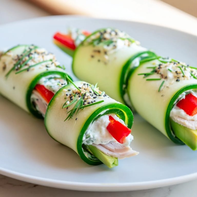 Serving of Cucumber Roll-Ups, displayed on a platter, ready to eat as an easy, flavorful appetizer.