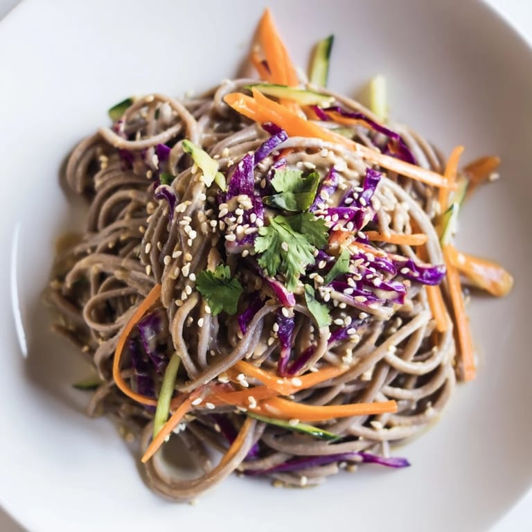Close-up of a refreshing soba noodle salad, showcasing sesame seeds and cilantro garnishing the dish.