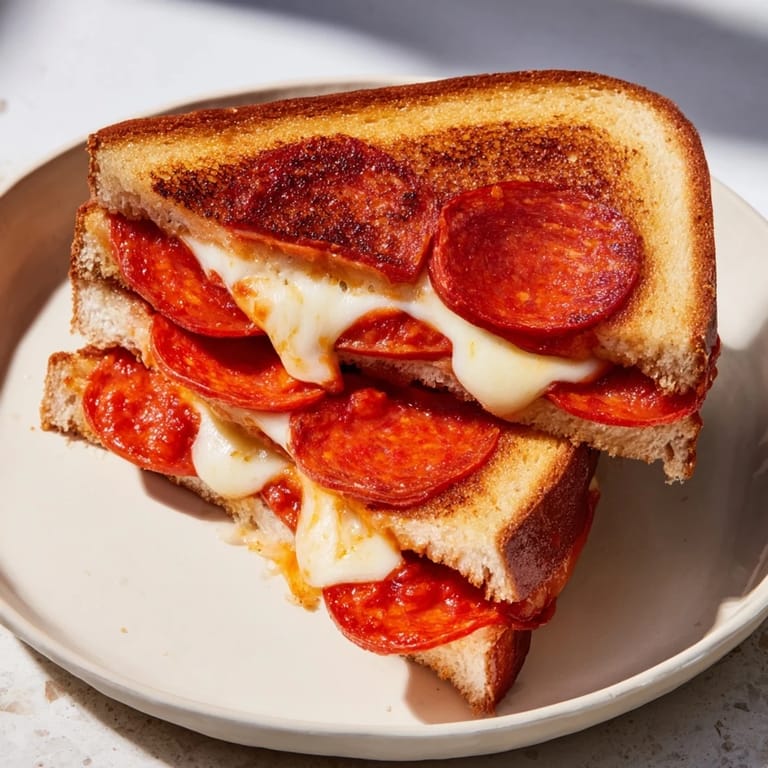 Get a close-up of this delicious Pizza Grilled Cheese, with a crispy crust and fragrant marinara sauce.