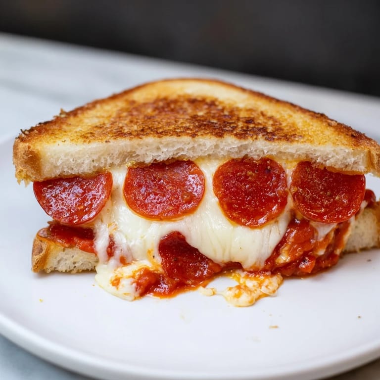 A perfectly toasted, cheesy Pizza Grilled Cheese cut in half, showcasing the melty, flavorful filling.
