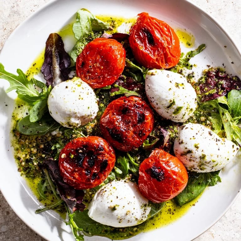 Enjoy flavorful Charred Tomato Salad with Burrata; the basil oil sparkles over fresh ingredients.