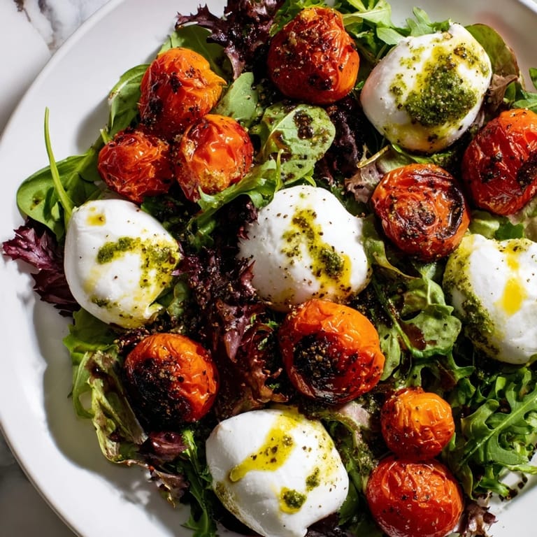 This delicious Charred Tomato Salad with Burrata presents bright red tomatoes with a creamy cheese.