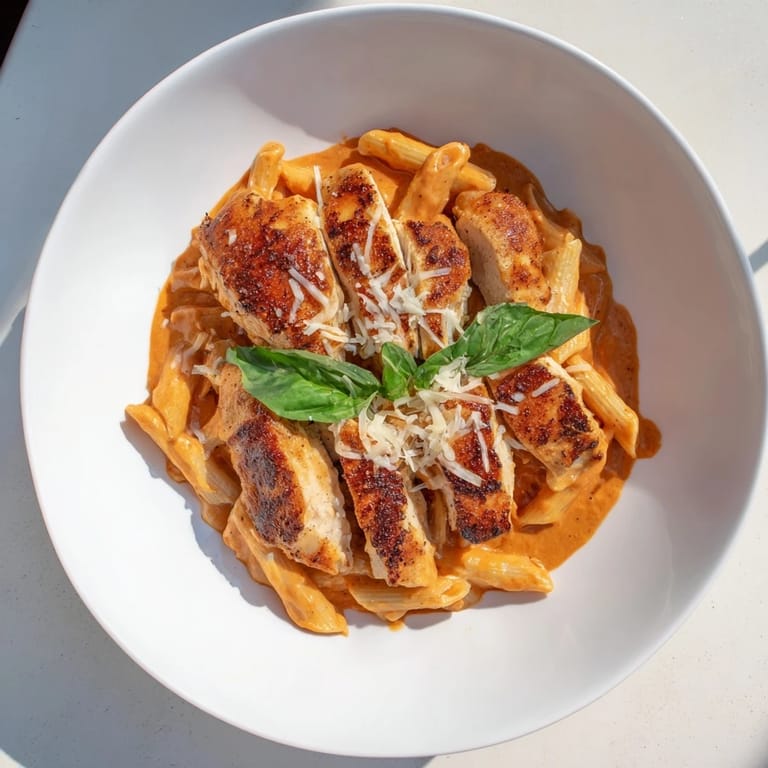 This Creamy Tomato Basil Chicken Pasta presents sliced chicken nestled amidst a vibrant, creamy, tomato sauce with basil.