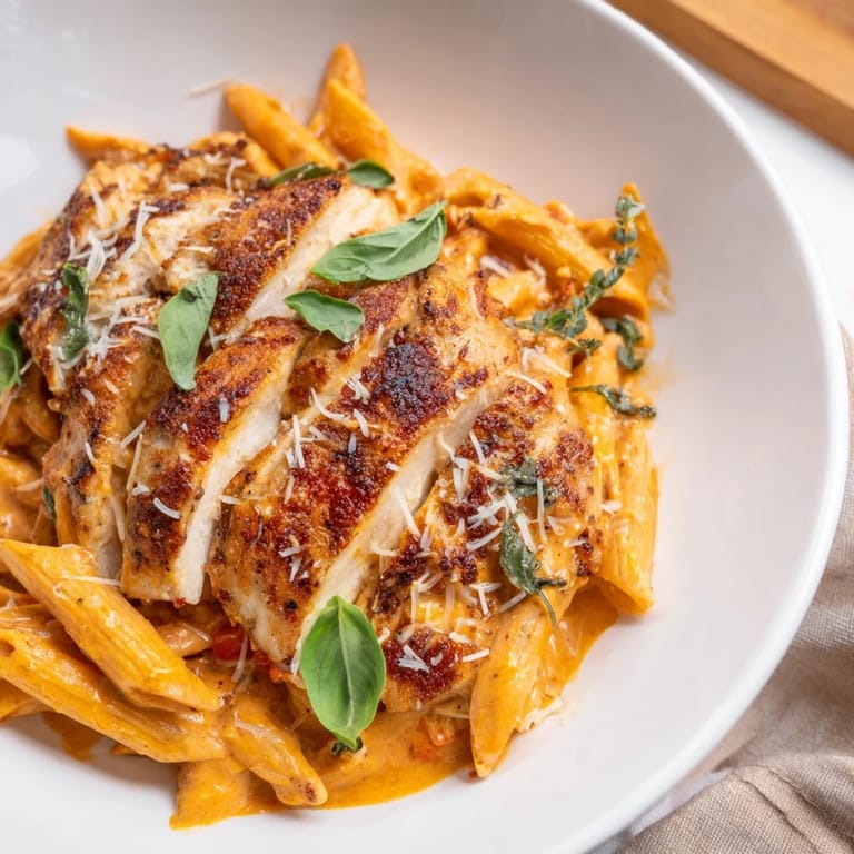 A delicious bowl of Creamy Tomato Basil Chicken Pasta with parmesan, ready to be enjoyed as a comforting dinner.