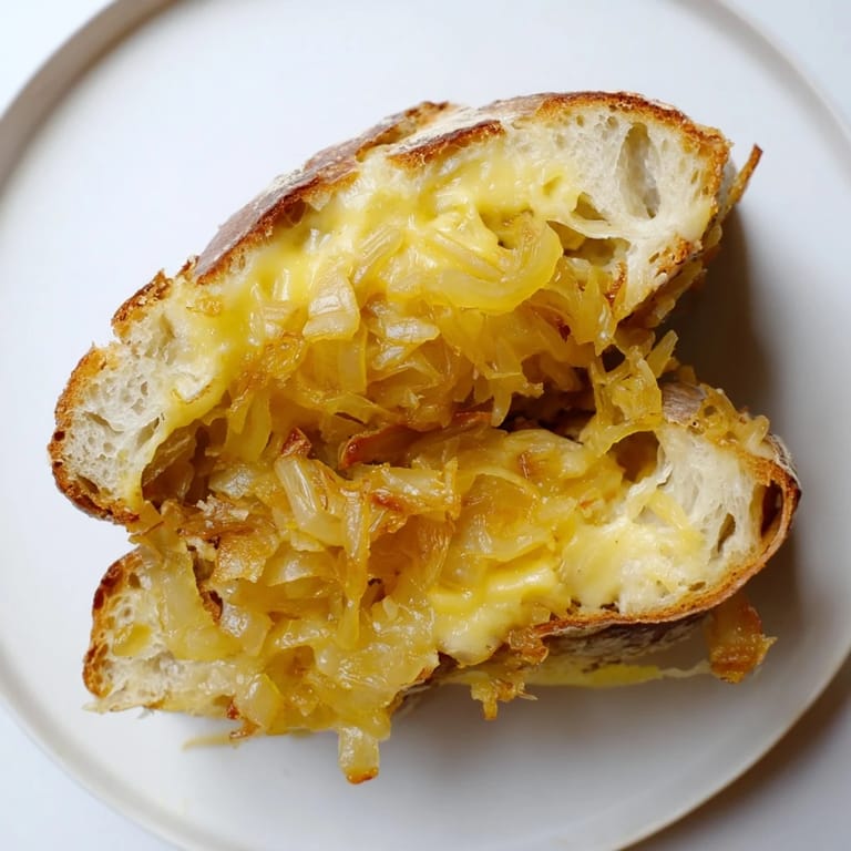 Buttery, toasted slices of Caramelized Onion and Gruyère Grilled Cheese ready to be enjoyed as a comforting vegetarian meal.