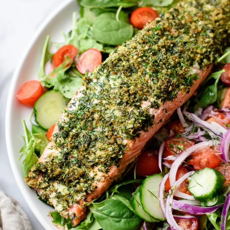 Enjoy this vibrant herb-crusted salmon salad, showcasing baked salmon and a fantastic vinaigrette.